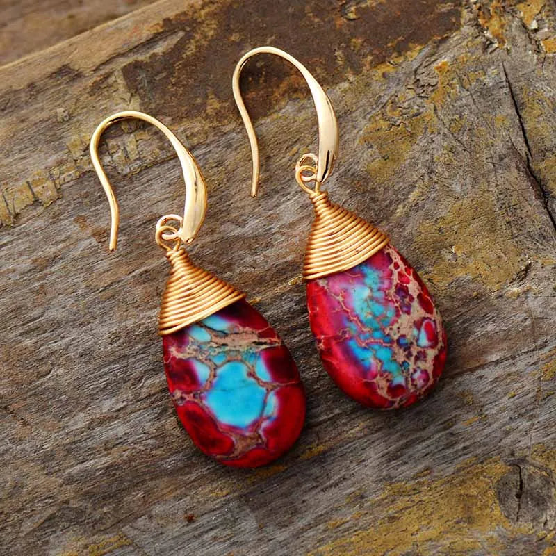 Bohemian Natural Stones Drop Earrings for Women Teardrop Jaspers Dangle Red Earring Handmade Artist Jewelry