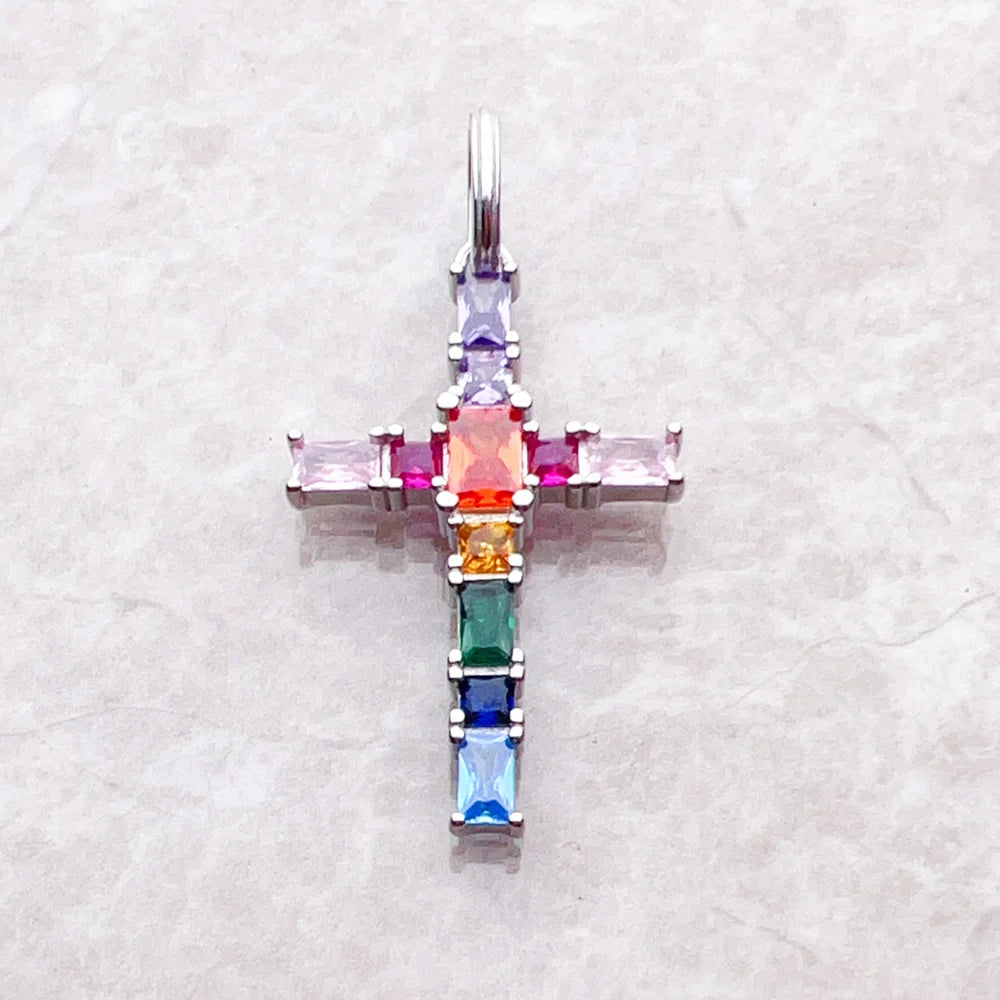 Pendant Cross with Colourful Stones Brand New Fine Jewelry Europe Style 925 Sterling Silver Accessories Bohemia Gift for Women