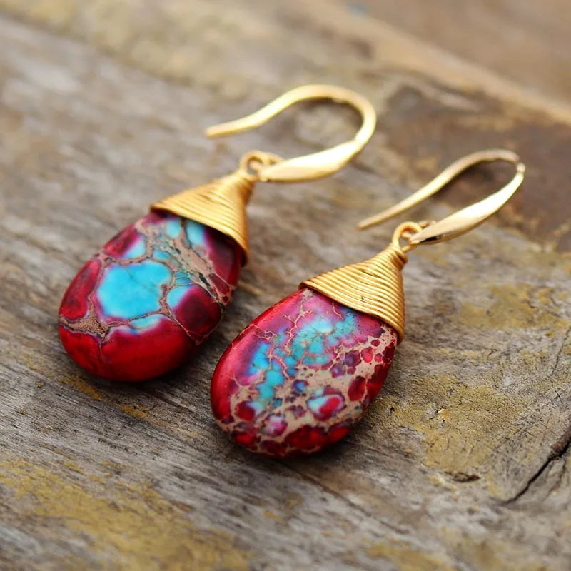 Bohemian Natural Stones Drop Earrings for Women Teardrop Jaspers Dangle Red Earring Handmade Artist Jewelry