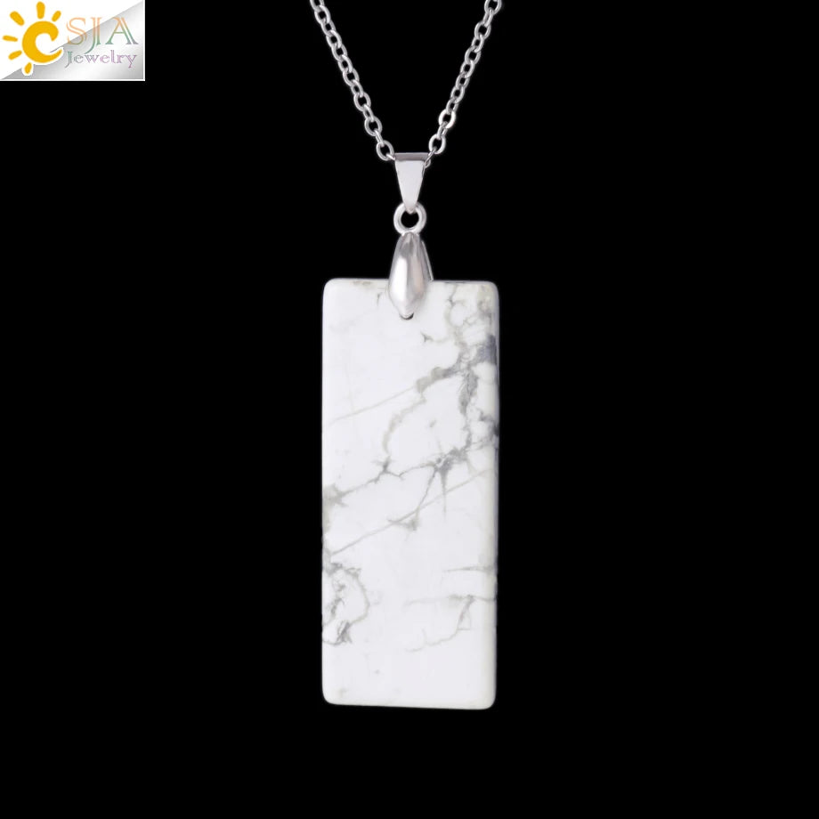 Natural Stone Rectangle Pendants Necklace for Man Pillar Crystal Fluorite Amethyst Tiger Eye Stainless Steel Chain Necklace H225
