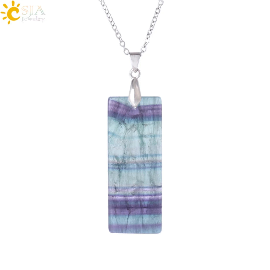 Natural Stone Rectangle Pendants Necklace for Man Pillar Crystal Fluorite Amethyst Tiger Eye Stainless Steel Chain Necklace H225