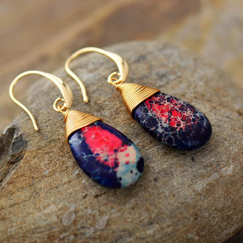 Bohemian Natural Stones Drop Earrings for Women Teardrop Jaspers Dangle Red Earring Handmade Artist Jewelry