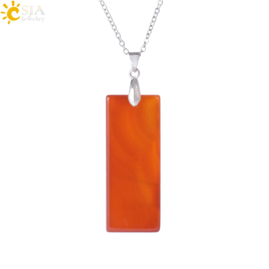 Natural Stone Rectangle Pendants Necklace for Man Pillar Crystal Fluorite Amethyst Tiger Eye Stainless Steel Chain Necklace H225
