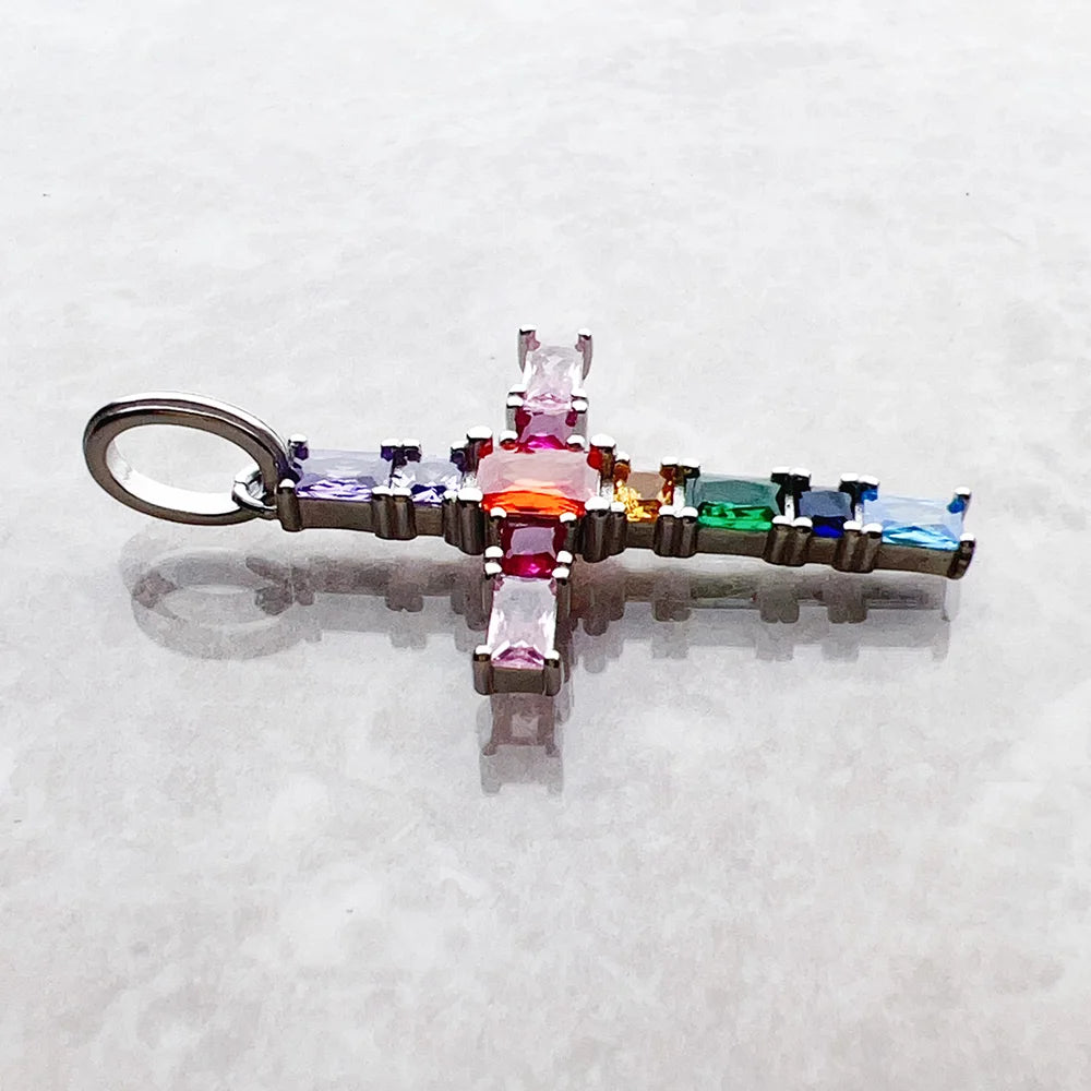 Pendant Cross with Colourful Stones Brand New Fine Jewelry Europe Style 925 Sterling Silver Accessories Bohemia Gift for Women