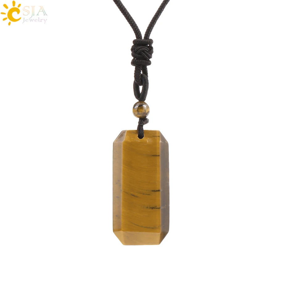 Natural Stone Rectangle Pendants Necklace for Man Pillar Crystal Fluorite Amethyst Tiger Eye Stainless Steel Chain Necklace H225