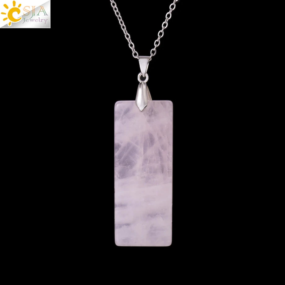 Natural Stone Rectangle Pendants Necklace for Man Pillar Crystal Fluorite Amethyst Tiger Eye Stainless Steel Chain Necklace H225