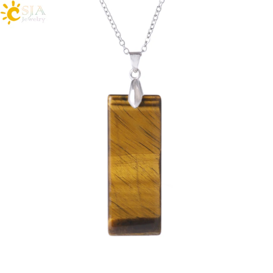Natural Stone Rectangle Pendants Necklace for Man Pillar Crystal Fluorite Amethyst Tiger Eye Stainless Steel Chain Necklace H225