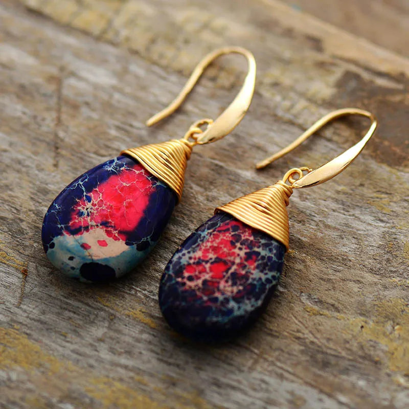 Bohemian Natural Stones Drop Earrings for Women Teardrop Jaspers Dangle Red Earring Handmade Artist Jewelry