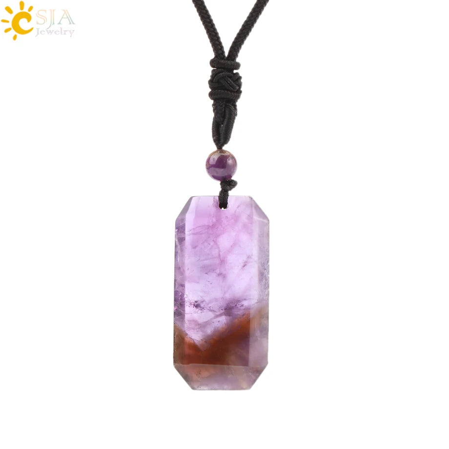 Natural Stone Rectangle Pendants Necklace for Man Pillar Crystal Fluorite Amethyst Tiger Eye Stainless Steel Chain Necklace H225