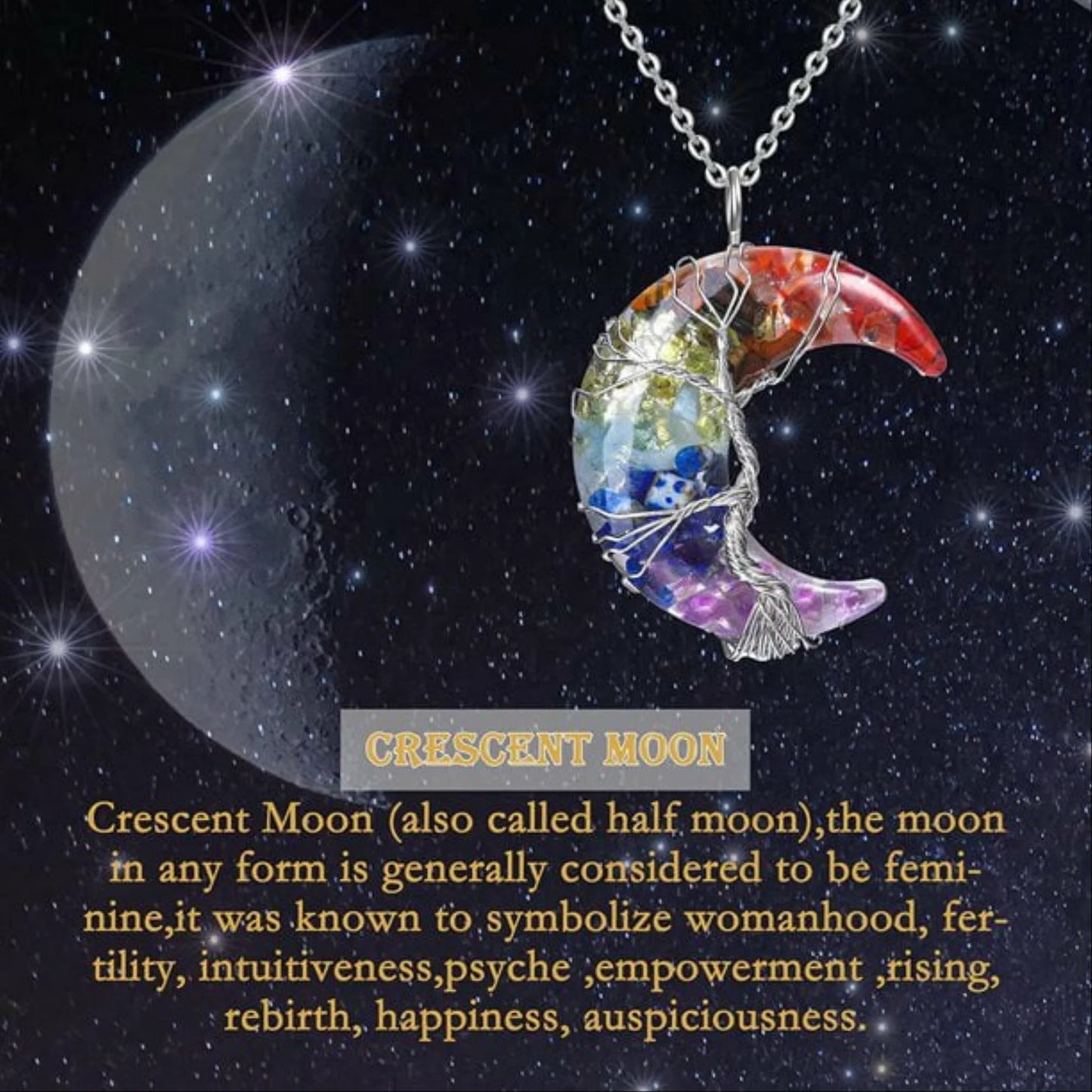 Tree of Life Necklace Wire Wrapped Crescent Moon Stone Pendant Necklaces ,7 Chakra Healing Crystal Necklace Jewelry for Women