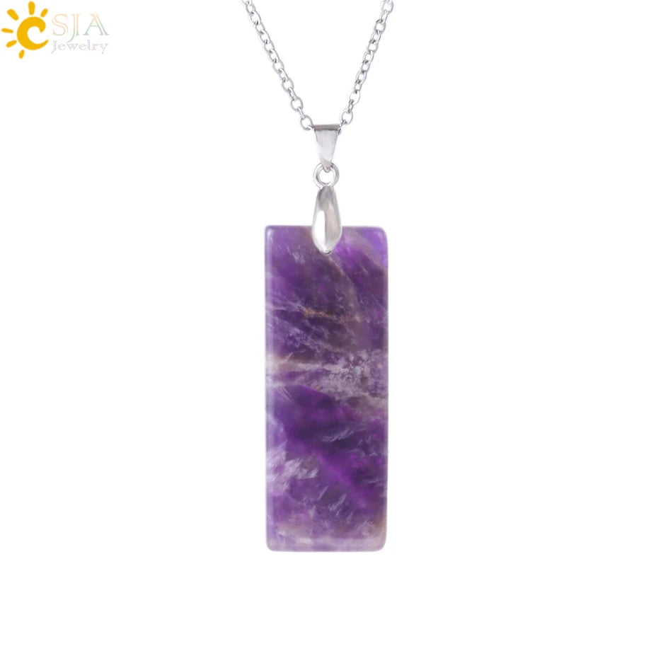 Natural Stone Rectangle Pendants Necklace for Man Pillar Crystal Fluorite Amethyst Tiger Eye Stainless Steel Chain Necklace H225