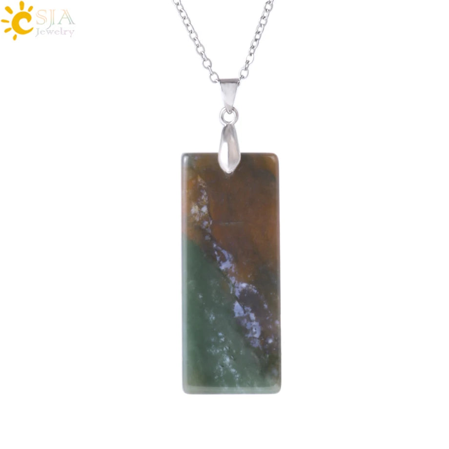Natural Stone Rectangle Pendants Necklace for Man Pillar Crystal Fluorite Amethyst Tiger Eye Stainless Steel Chain Necklace H225