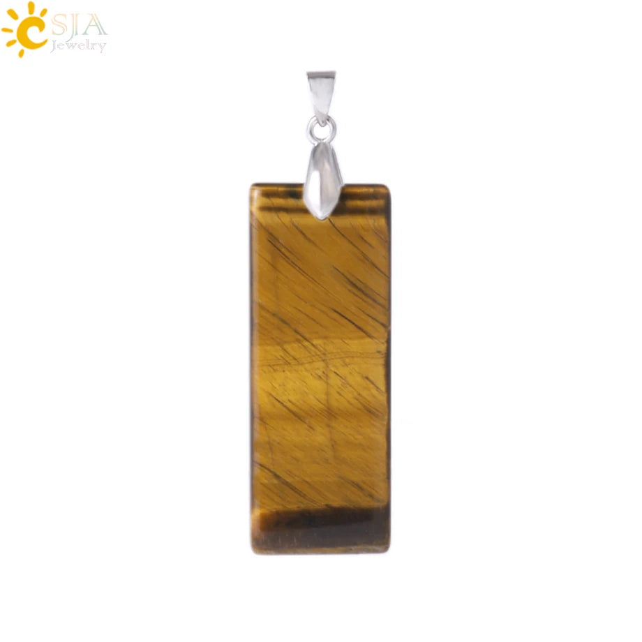 Natural Stone Rectangle Pendants Necklace for Man Pillar Crystal Fluorite Amethyst Tiger Eye Stainless Steel Chain Necklace H225