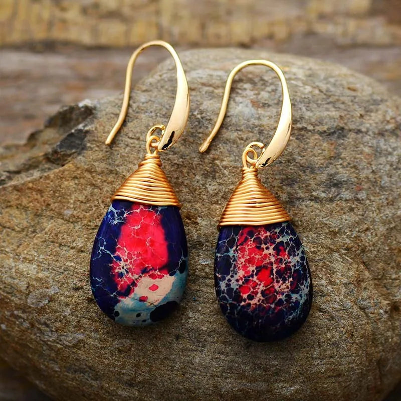 Bohemian Natural Stones Drop Earrings for Women Teardrop Jaspers Dangle Red Earring Handmade Artist Jewelry