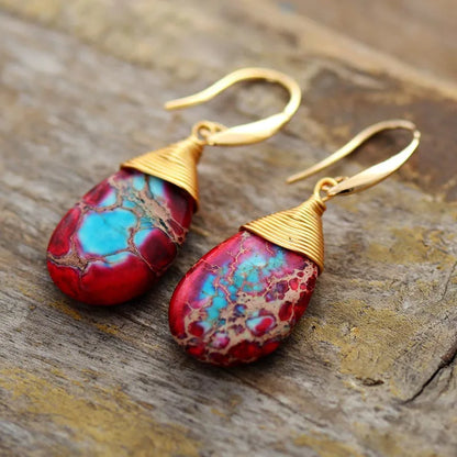 Bohemian Natural Stones Drop Earrings for Women Teardrop Jaspers Dangle Red Earring Handmade Artist Jewelry