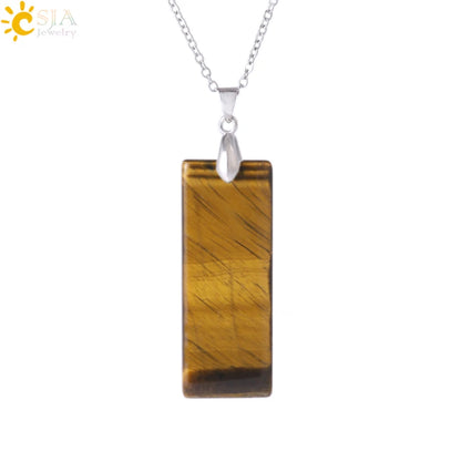 Natural Stone Rectangle Pendants Necklace for Man Pillar Crystal Fluorite Amethyst Tiger Eye Stainless Steel Chain Necklace H225