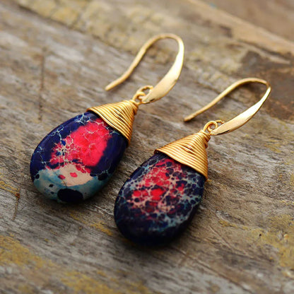 Bohemian Natural Stones Drop Earrings for Women Teardrop Jaspers Dangle Red Earring Handmade Artist Jewelry