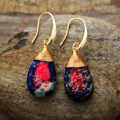 Bohemian Natural Stones Drop Earrings for Women Teardrop Jaspers Dangle Red Earring Handmade Artist Jewelry