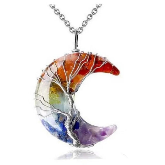 Tree of Life Necklace Wire Wrapped Crescent Moon Stone Pendant Necklaces ,7 Chakra Healing Crystal Necklace Jewelry for Women